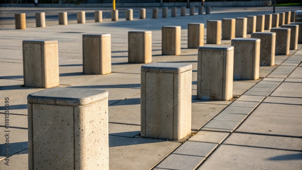 Poster A beautifully arranged of square precast concrete bollards their corners softened through the casting creating a visually pleasing array. The subtle variations in color highlight