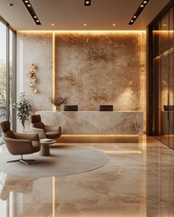 sleek and stylish minimalist office front desk, light neutral tones, glass and metal design