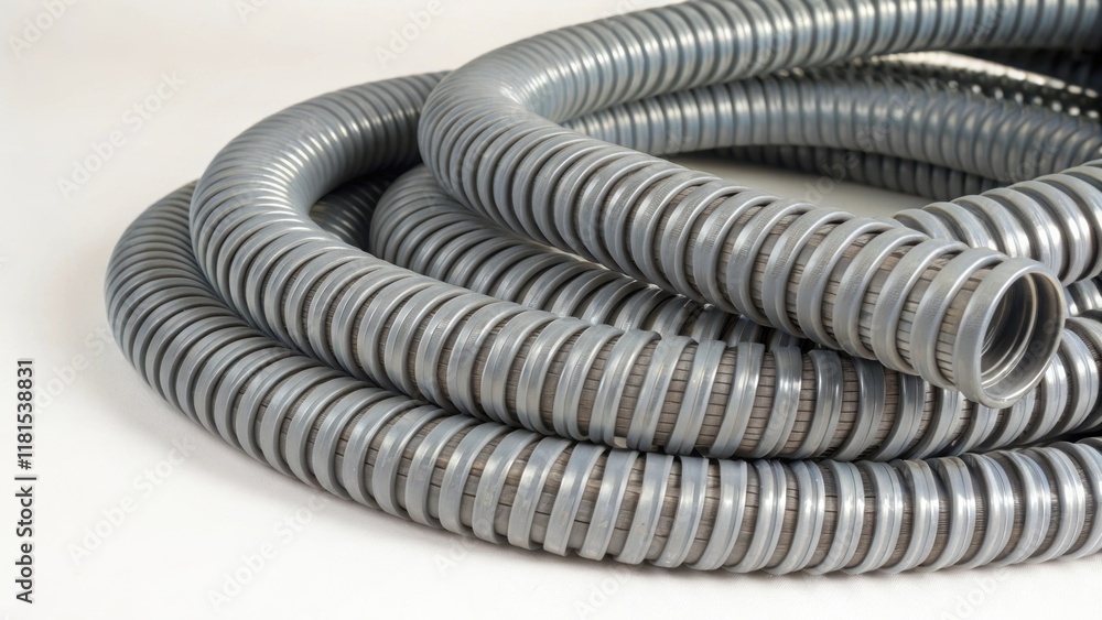 Poster A chaotic stack of flexible conduit coils with a slight sheen creating a mesmerizing pattern as the coils twist and turn. The interplay of light and shadow reveals the subtle