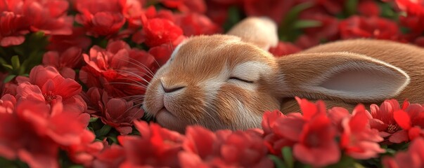 Sleeping Bunny in Red Flowers 3D Render, Soft Fur, Peaceful Concept, Digital Art Rabbit, Flowers