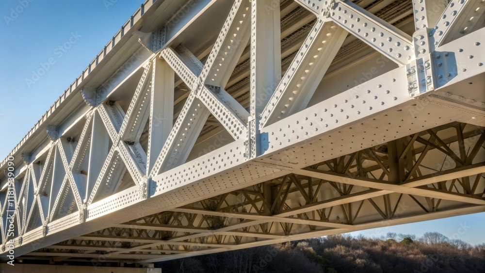 Poster A close examination of the loadbearing trusses on a modular bridge component highlighting their intricate weblike design. The interplay of light reinforces the engineering maxim of
