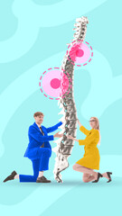 Man and woman in blue and yellow suits analyze spine model with marked pain areas, illustrating...