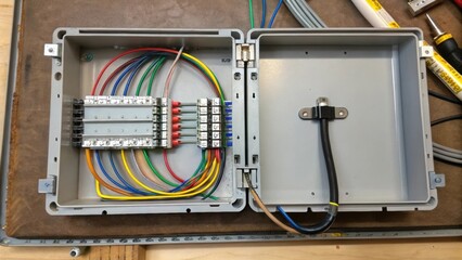 A close focus on the inner workings of an open junction box revealing a labyrinth of wires neatly organized with zip ties. The metal interior shines with fresh paint and a small