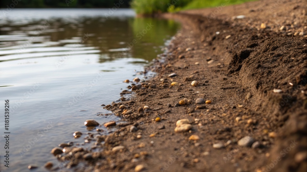 Aufkleber A close image of the transition zone between the water and the soil embankment capturing the soils dampness where it meets the pond. Tiny pebbles are tered along the interface and