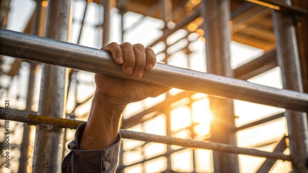 Poster a close look at a workers hand gripping a metal rung of the scaffolding ladder showcasing calloused 