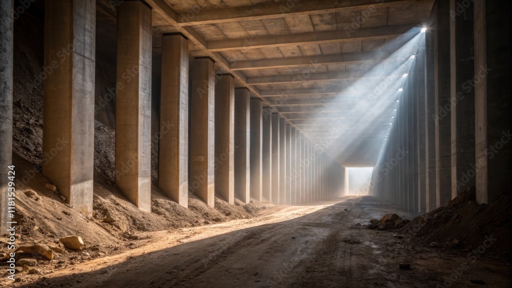 Aufkleber A close perspective on the junction where the tunnel wall meets the reinforced concrete pillars creating a sharp contrast between the raw earths irregular shape and the neat