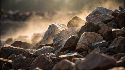 A close perspective highlighting the rugged outlines and sharp angles of various rock sizes collected in a pile dust particles suspended in the air catch sunlight creating a dreamy