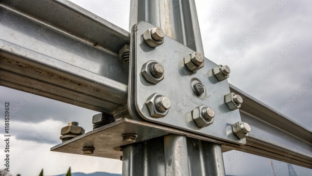 Poster a close shot of the intricate mounting brackets and hardware securing the traffic sign assembly. the