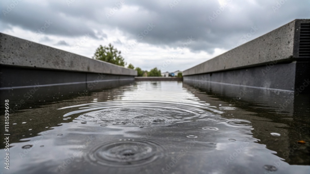 Aufkleber A closeup depiction of a precast drainage sump partially submerged in rainwater with the reflective surface of the water mirroring the cloudy sky above. Tiny ripples emanate from