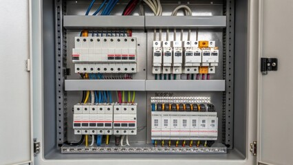 A closeup captures the complex array of circuit breakers and fuses within an open switchgear cabinet. The internal components are surrounded by neatly arranged wiring with small