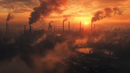 Polluted industrial cityscape with smoke emissions at sunset in a dystopian view