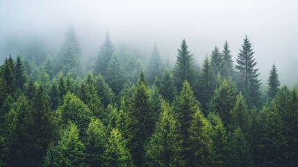 Misty Evergreen Forest Aerial View of Dense Coniferous Trees, Nature Photography, Foggy Landscape Evergreen, Coniferous Forest