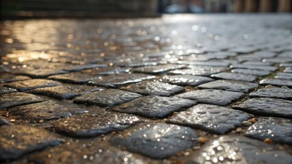Obraz premium A closeup capturing the rainkissed surface of the paving stones each reflecting tiny droplets that form a shimmering effect. The stones are set in a traditional cobblestone layout