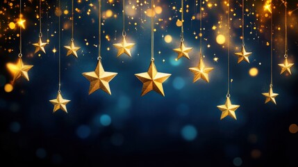 Elegant Gold Stars Hanging with Sparkles on Dark Blue Bokeh Background.