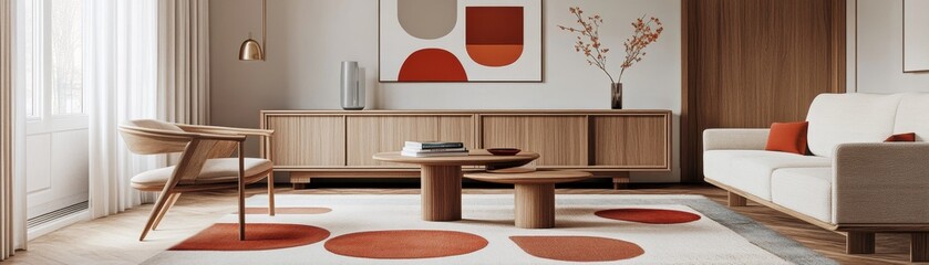 Mid-Century Modern Living Room Wooden Furniture, Abstract Art, Neutral Tones, Carpet Design. Mid Century Modern, Interior Design