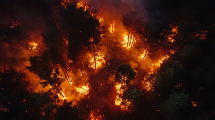 Fototapeta premium Aerial view of a raging forest fire amidst dense wilderness at night