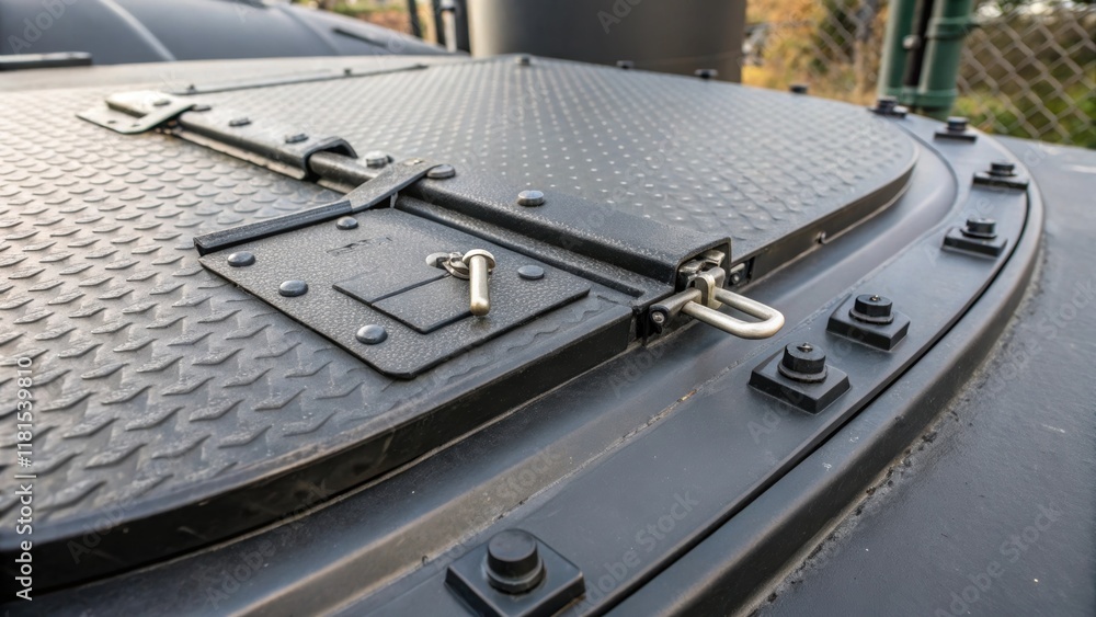 Poster A closeup examination of a vital access hatch on a water retention tank component featuring heavyduty hinges and a secure locking mechanism. The texture of the metal contrasts with