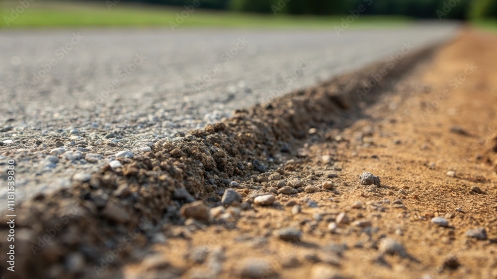 Poster  A closeup focusing on the edges of the gravel base where particles meet unpaved earth showcasing the distinct line between the two surfaces and the gradient of material density