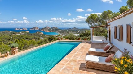 Fototapeta premium Mediterranean Villa Poolside Paradise Infinity Pool, Coastal View, Luxury Design, Wicker Loungers Ibiza, Luxury Villa