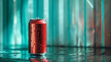 The shot of a soda can against an aqua backdrop made of metal