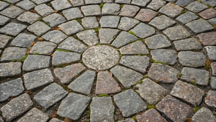 A closeup focused on the weathered surface of a single paving stone revealing deep grooves cracks and flecks of granite interspersed with lichen. The details tell a story of