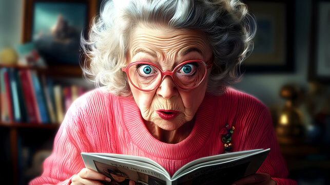 Elderly Woman Reads a Shocking Story in Magazine