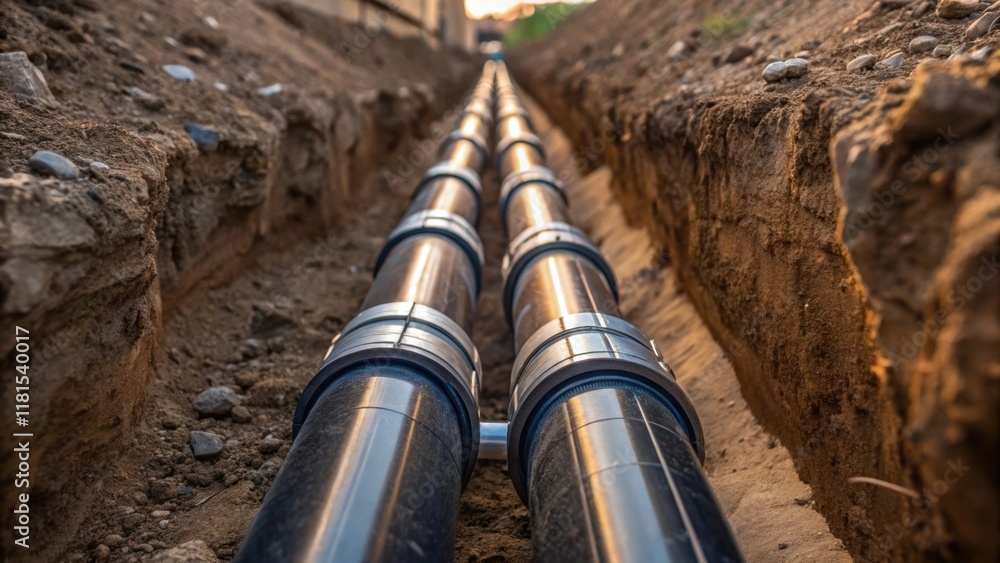 Poster a closeup focus on the intersection of pipe fittings within the trench showcasing their intricate de