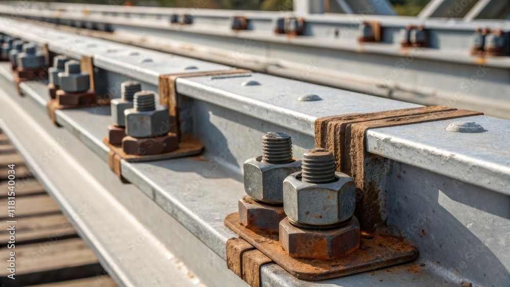 Aufkleber A closeup glimpse of the modular bridges connection points showing off a series of reinforced clamps. The metallic surfaces are slightly scratched and worn giving a story of their