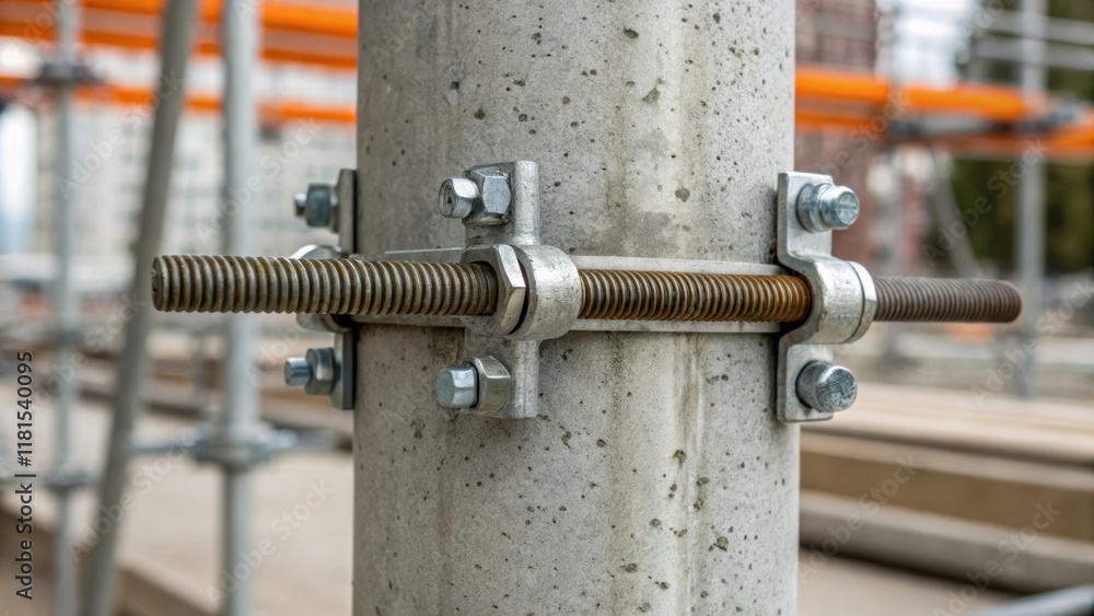 Poster A closeup image capturing the details of the scaffolding clamps gripping a robust concrete column the metallic sheen contrasting with the dullness of the curing concrete. The tight