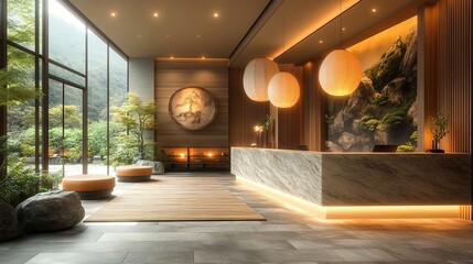 Fototapeta premium Japanese-inspired minimalist front desk, wood and stone materials