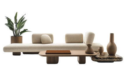 Modern Sectional Sofa with Neutral Upholstery and Wooden Accents in a Minimalist Living Room Setting