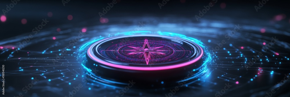 Poster futuristic digital compass interface with neon lights and data network