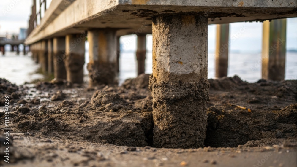 Poster a closeup image focusing on the feet of a concrete pier immersed partially in soil with the protecti