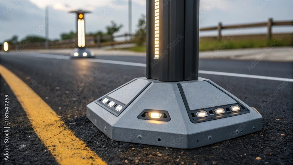 Aufkleber A closeup image of a futuristic streetlight base featuring LED lights embedded within its structure. The surrounding newly paved road shines with a glossy finish contrasting the