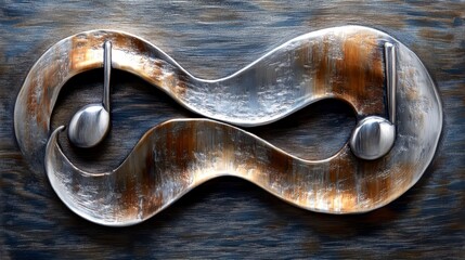 Metal music notes infinity symbol on wood.