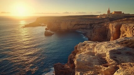 Sunset coastal church clifftop landscape, ocean view, travel brochure