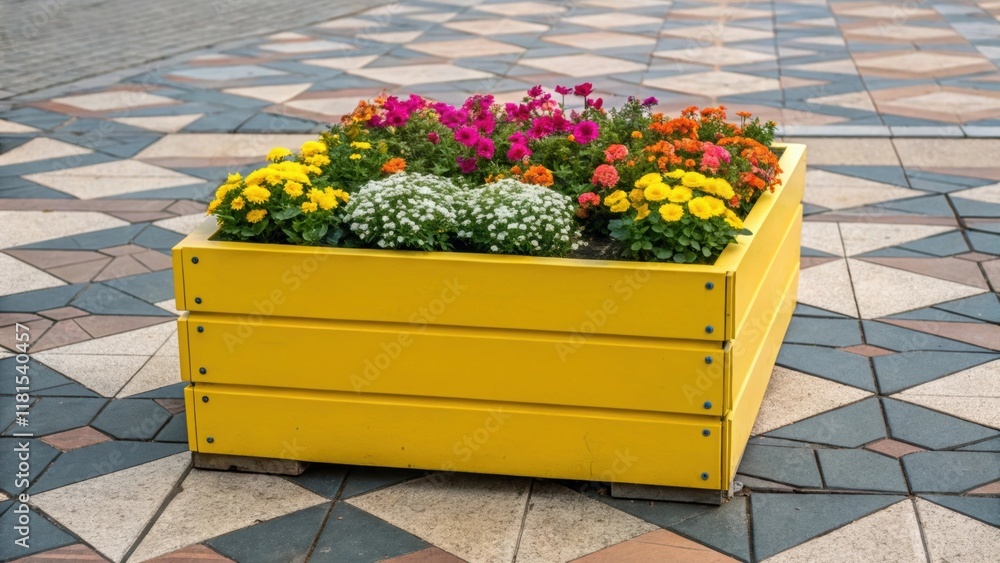 Poster A closeup of a brightly colored modular planter box p against a patterned tiled sidewalk. The box is filled with cheerful annual flowers creating a stark contrast against the