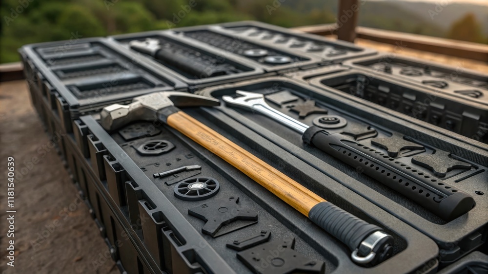 Poster A closeup of a group of modular sections interspersed with tools such as wrenches and hammers. The rugged textures of the tools contrast sharply with the sleek lines of the bridge