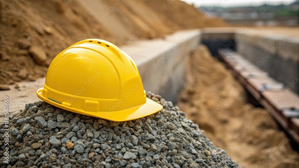 Poster a closeup of a hard hat resting on top of a pile of gravel next to a trench its bright color contras