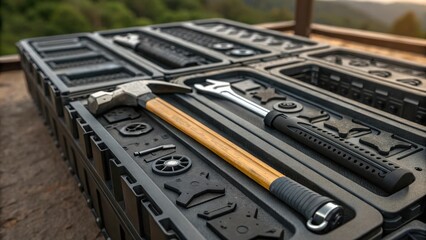 A closeup of a group of modular sections interspersed with tools such as wrenches and hammers. The rugged textures of the tools contrast sharply with the sleek lines of the bridge