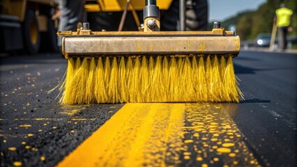 A closeup of a highway line painting machine at work with vivid yellow paint splattering onto the asphalt. The bristles of the roller brush are thick with the fresh coating and a