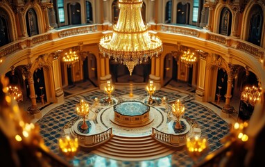 Obraz premium Opulent Grand Hall with Sparkling Chandelier and Gold Details.
