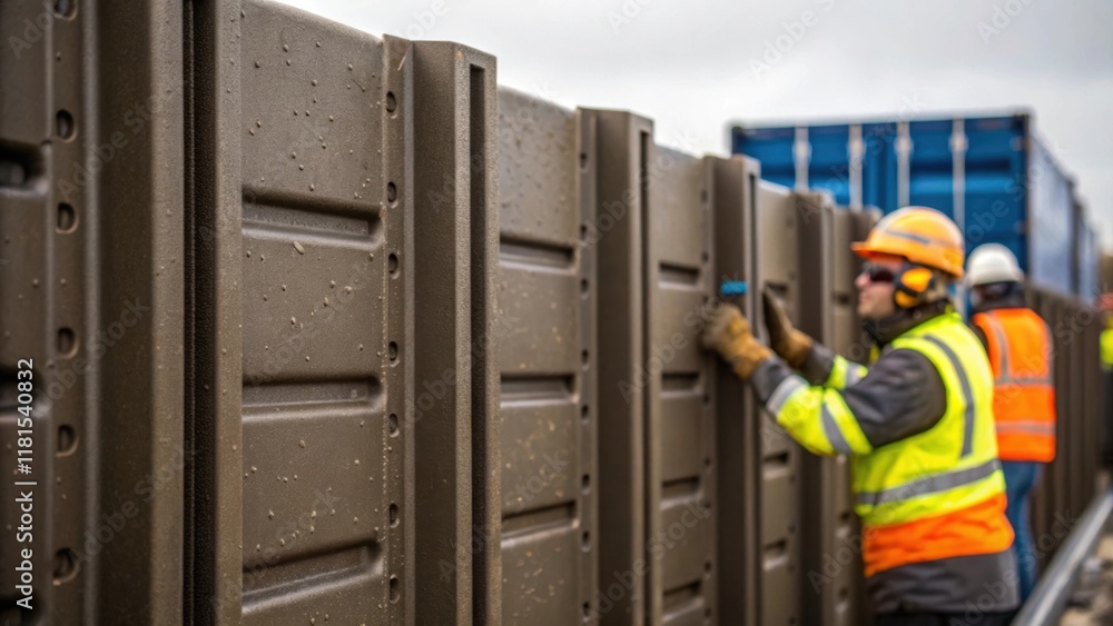 Poster a closeup of a modular noise barrier being assembled onsite. workers in safety gear are shown intera