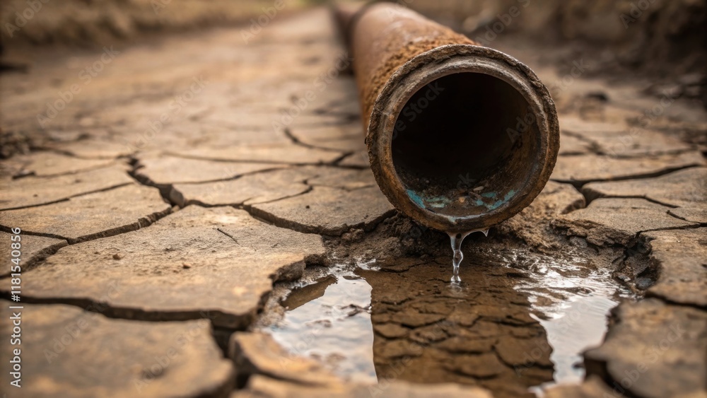 Poster a closeup of a leaking sewer pipe junction with a small trickle of water pooling around it. the juxt