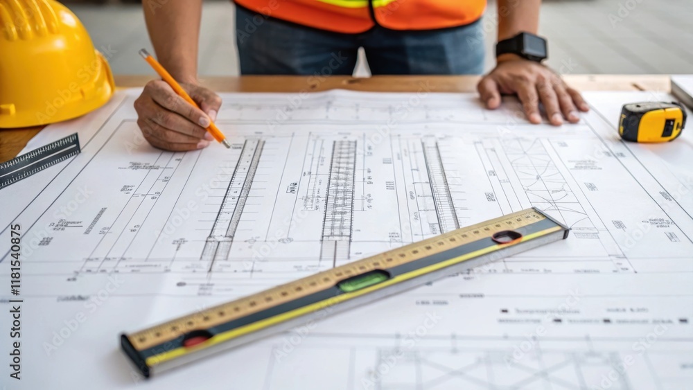 Poster A closeup of an engineering blueprint spread out across a table with a worker pointing to section details surrounded by measuring tools. The crisp lines and annotations on the