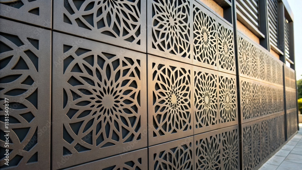 Poster A closeup of a modular panel reveals the intricate surface detailing with laser patterns that create visual interest and allow for ventilation. Each out serves both an aesthetic