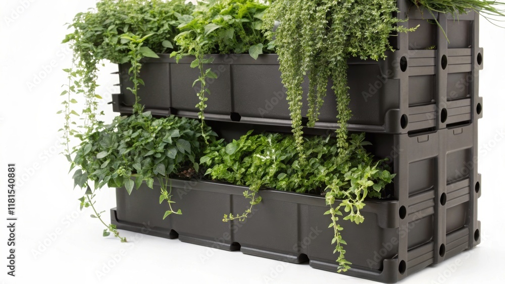 Aufkleber A closeup of a modular planter box designed for vertical gardening showcasing cascading vines and trailing plants that cascade over its edges. The interlocking components of the
