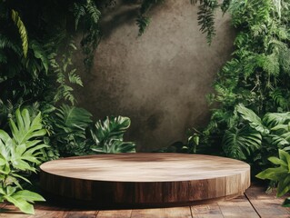 Natural Wood Product Display Podium Surrounded by Lush Tropical Foliage