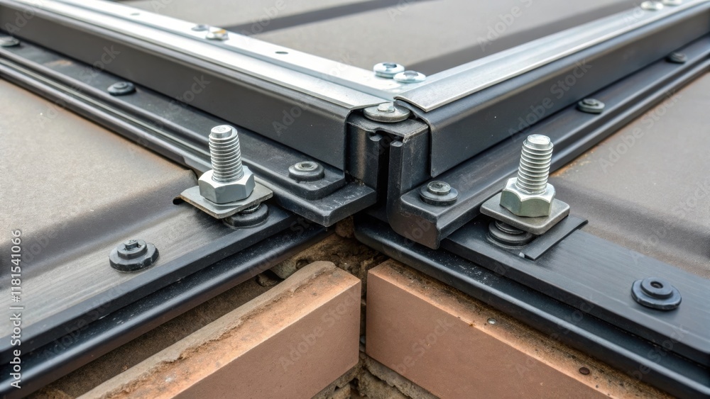 Poster A closeup of a panels edge where two sections are being joined showing the interlocking mechanisms and bolts that secure the structure. The detailed craftsmanship illustrates the