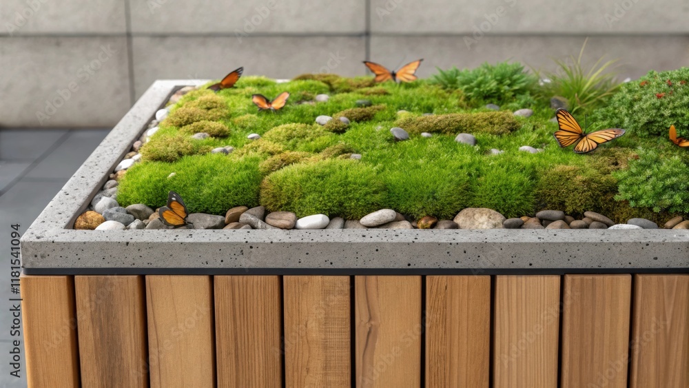 Poster a closeup of a planter boxs edge where wooden panels meet vibrant green moss and small stones creati